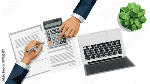 Business meeting workspace with laptop, calculator, and documents in modern geometric design