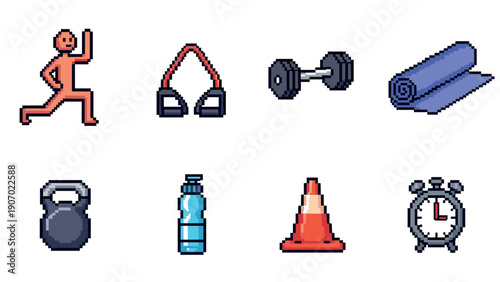 Pixel art fitness icons: workout equipment and essentials collection