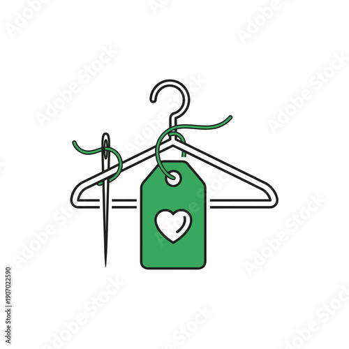 Sustainable fashion and clothing repair concept with hanger, needle, thread, and heart tag, symbolizing eco-friendly style and mending