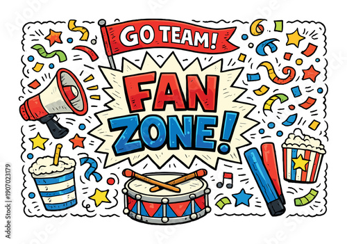 Enthusiastic fan zone celebration with drums confetti popcorn and megaphone