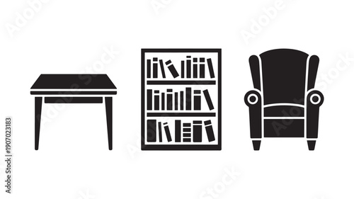 Black silhouettes of furniture in minimalist style with high contrast lighting on white background for home decor