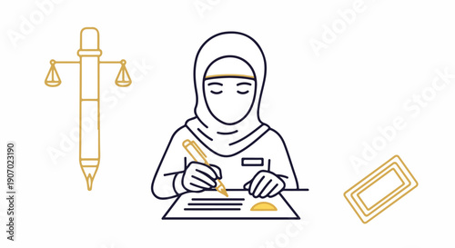 Line art illustration of a Muslim woman in hijab writing or studying legal documents, symbolizing justice, education, and professional work in law.
