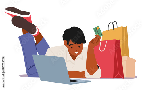 Teenage guy cartoon character shopping online using secure online payment with credit card scene