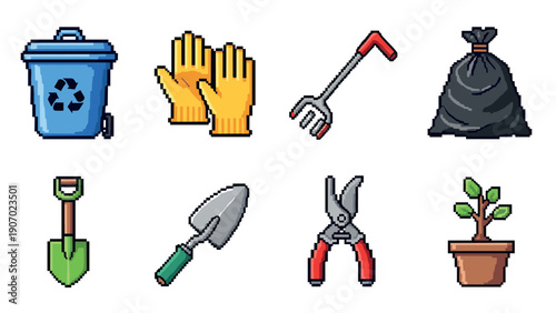 Pixel art gardening essentials: tools and recycling for eco-friendly landscaping