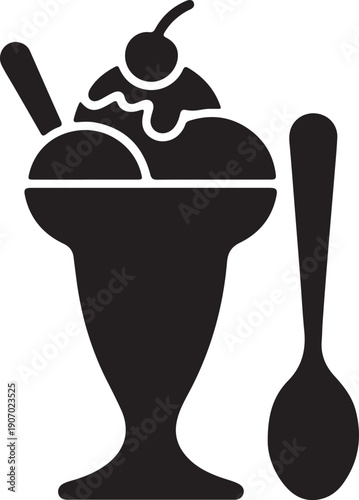 Ice Cream Sundae Silhouette Icon with Spoon – Minimal Black and White Dessert Vector
