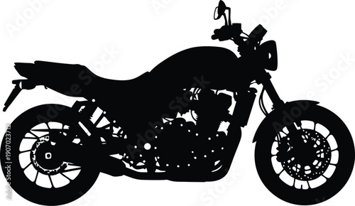 A sleek motorcycle illustration viewed from the side, showcasing its design and features in a simple yet detailed vector graphic