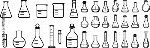 Gemini said

Vector illustration of a set of office stationery and paper clips alongside a collection of laboratory flask icons featuring bottle and glass silhouettes for science