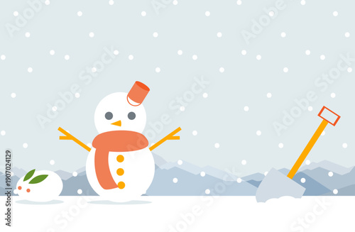 雪だるまと雪兎のある冬の風景