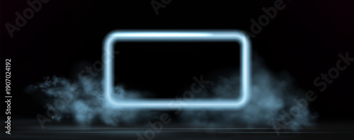 Neon frame with glowing blue light effects, futuristic portal gateway, vibrant smoke and LED illumination. abstract vector frame composition.