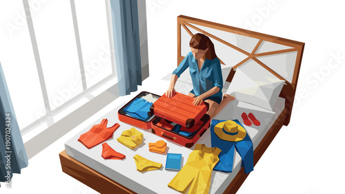 Woman packing luggage on bed in modern geometric style