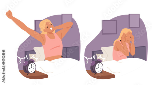 Cartoon scenes set showing two morning states with happy and tired young woman waking up in bed