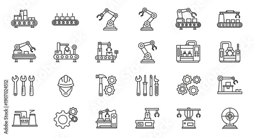 Manufacturing Industry Line Icons Set – Factory Production and Industrial Machinery Outline Vector