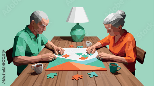 Elderly couple engaged in low poly puzzle activity at home with coffee