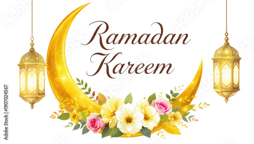 Ramadan Kareem Crescent Moon with Lanterns and Flowers for Festive Islamic Celebrations and Greetings