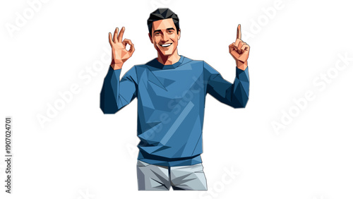 Geometric style man gesturing ok with one hand and pointing up with other