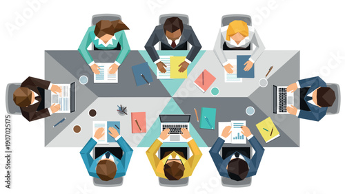 Top view business meeting in modern geometric style with diverse team