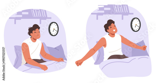 Sleepy tired and refreshed rested states of male character in morning contrasting cartoon scene set