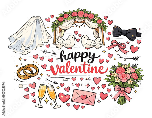 Romantic wedding elements with flowers, rings, doves, and hearts for valentine theme