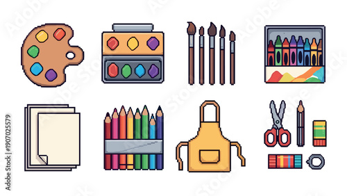 Pixel art style art supplies set: brushes, palette, paints and more