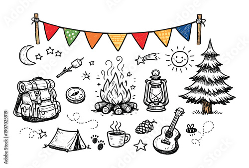Camping doodles: lantern, backpack, and campfire icons with festive bunting