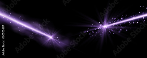 Purple horizontal lasers beam. Neon line, presentation pointers. Purple glow flare light effect. Vector illustration. Isolated on dark background.