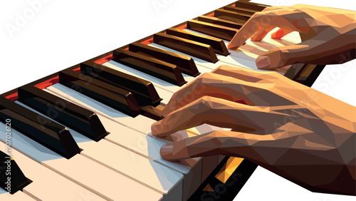 Geometric art of hands playing piano keys in low poly style