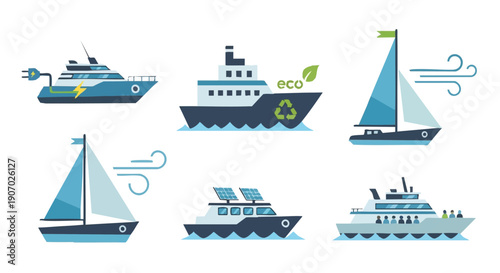 Sustainable Eco Ships Icons Set: Electric, Solar, Wind Energy Boats, Recycling Green Maritime Transportation Symbols.