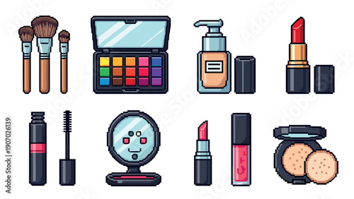 Pixel art makeup collection: eye shadow, brushes, lipstick, and more in retro style