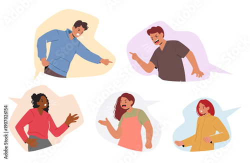 Diverse cartoon citizens shouting, screaming and expressing frustration or protest in speech bubbles