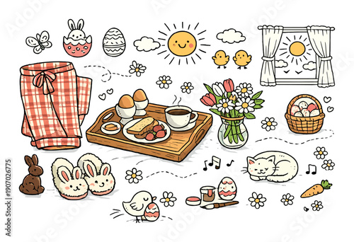 Cozy easter morning with breakfast, flowers, and easter eggs in a festive setting