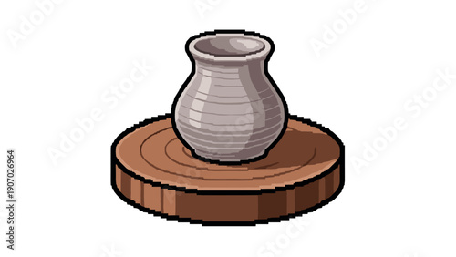 Retro pixel art pottery design on wooden table in 8-bit style