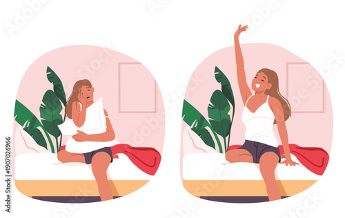 Young woman awakening in bed with different mood and contrasting emotions vector illustration