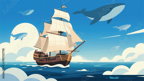 Illustration Of A Sailing Ship Sailing Above A Sea Of White Clouds, A Giant Air Whale Flying Around With A Clear Sky Vector Design Template