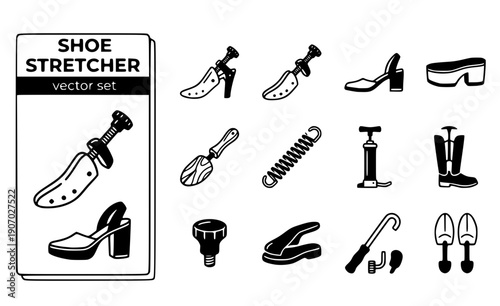Shoe Stretcher Heel-Stretcher Shoe-Expander Drag-Heels Platform-Shoes Footwear-Tool Heel-Expander Vector Set - Heel Stretcher