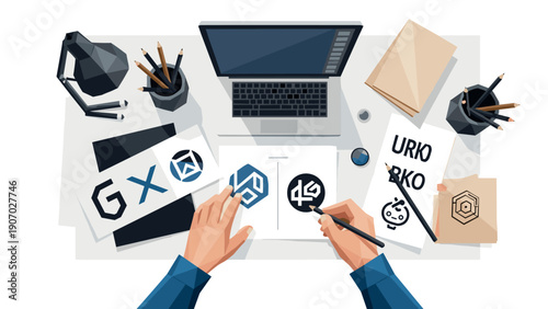 Creative workspace with laptop and hand drawing geometric logos on paper