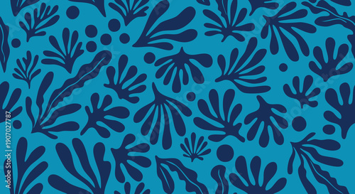 Abstract blue pattern featuring stylized floral and leaf-like shapes.