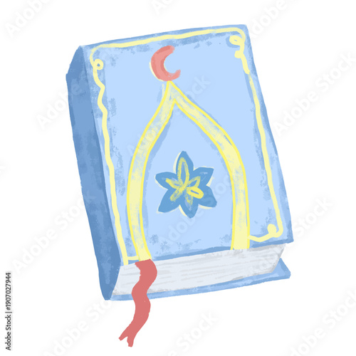 Cute blue watercolor crayon hand drawn holy Al quran book ramadan eid elements doodle kids illustration icon design in pastel soft color colorful svg