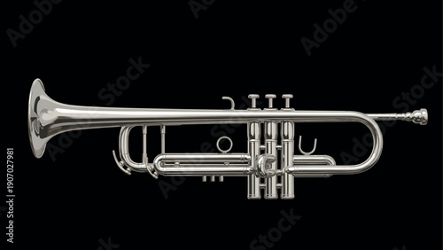 Elegant 3d rendering of a silver trumpet on black background