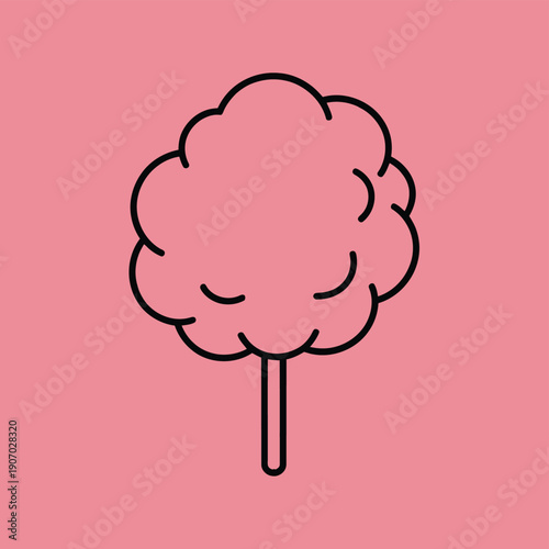 A simple line drawing of a pink cotton candy on a stick against a pink background.