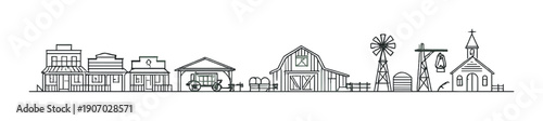 Minimalist western town skyline with barn and windmill silhouettes