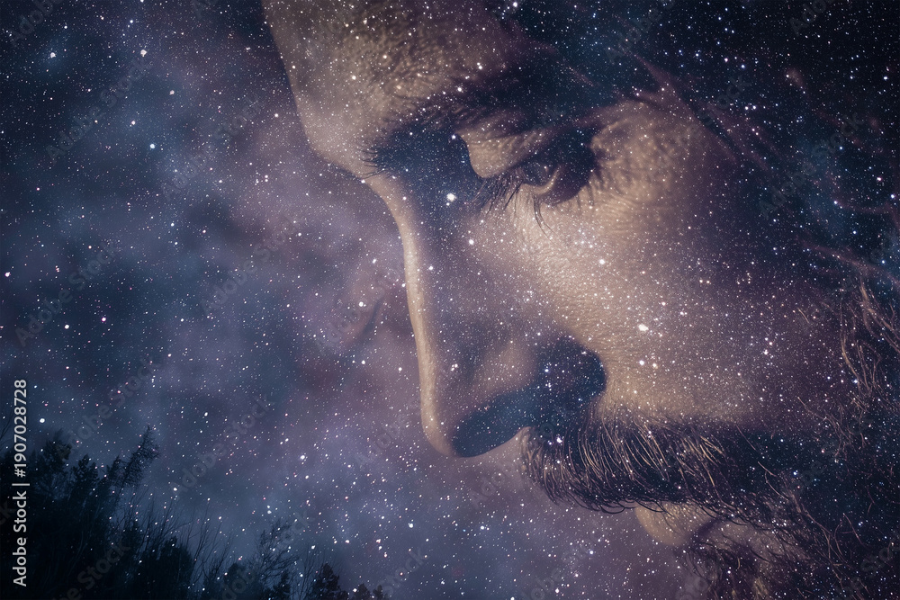 Naklejka premium Jesus Christ Double Exposure Over Wide Starry Night Sky, Spiritual Faith and Divine Light Concept