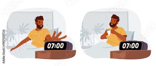Early morning mood contrast of young man character waking at seven a.m. in bed vector illustration