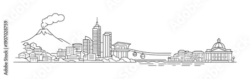 Minimalist black and white cityscape with volcano, gondolas, and urban buildings