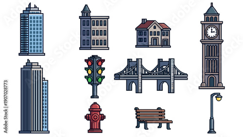 Urban elements collection: skyscrapers, bridges, and public fixtures in detailed icon style