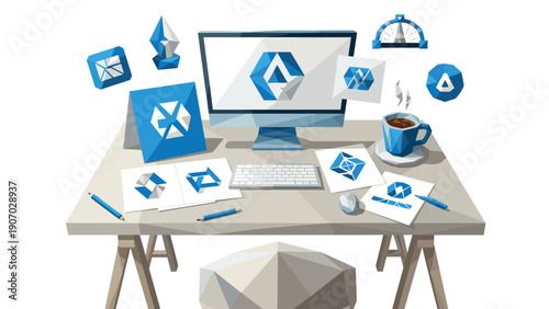 Modern geometric design workspace with computer and blue elements