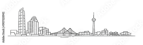 Minimalist city skyline silhouette at sunset with skyscrapers and tower