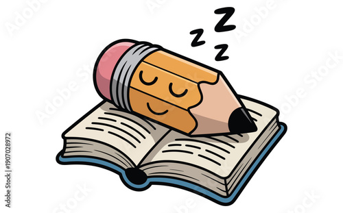 A cheerful yellow pencil is depicted sleeping peacefully on top of an open book with z symbols high-quality professional detailed.