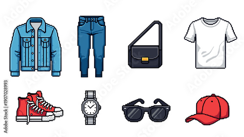 Trendy fashion icons: pixel art of denim, accessories, and casual wear