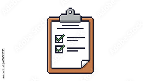 Pixel art checklist on clipboard with green checkmarks