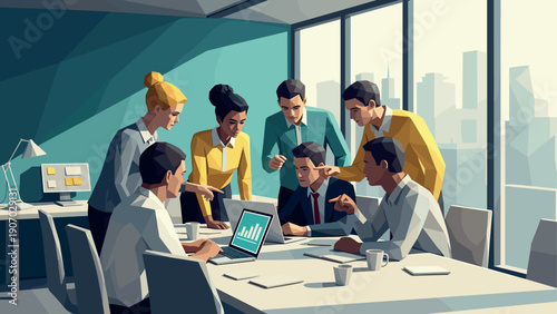 Business team collaboration in modern office with city view and technology focus